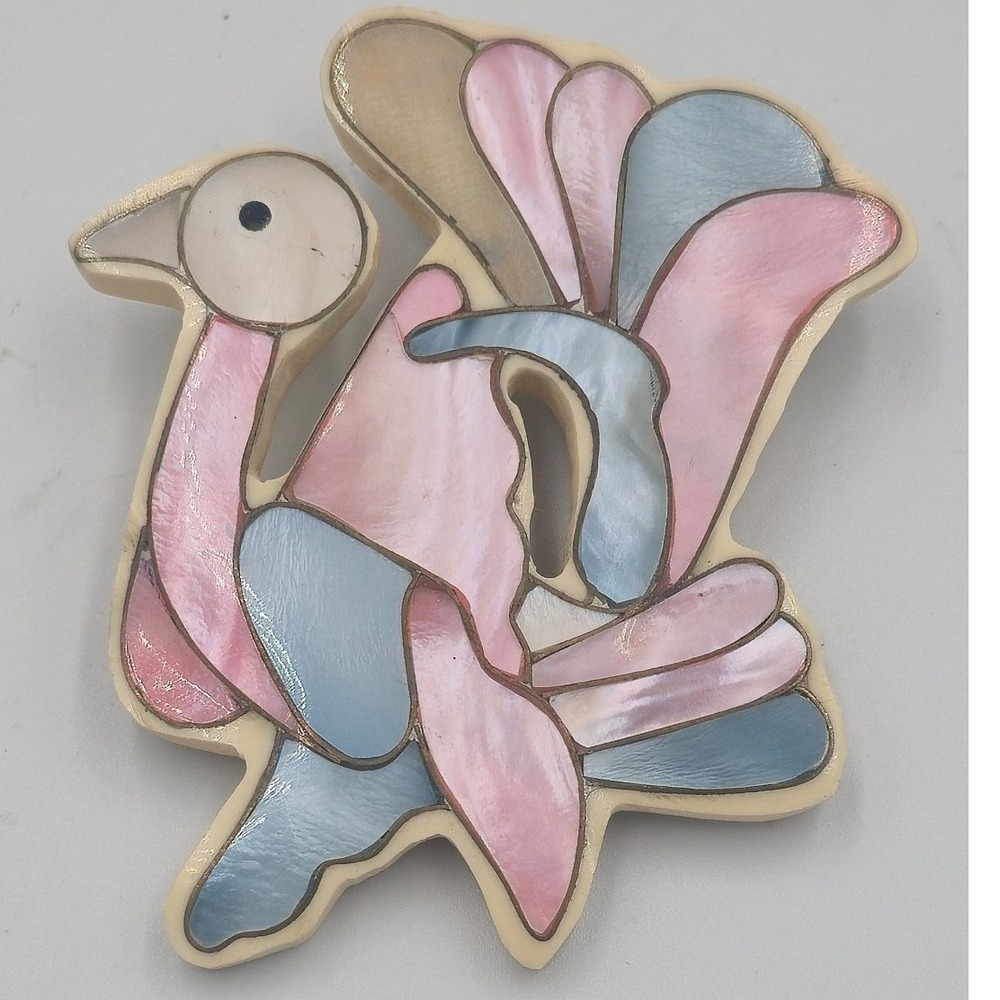 Vintage Bird Brooch Women OS Pink Blue MOP Inlay Good Mosaic Pastel Retro Pin